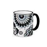 Retro Black & Sky Blue Floral Pattern mugs