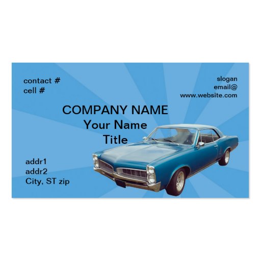 Retro blue hotrod business card template (front side)