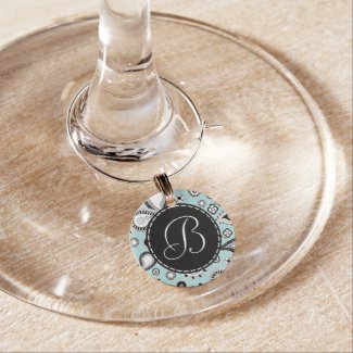 Retro Blue Paisley Pattern with Monogram Wine Charm