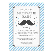 Retro blue stripes little man mustache baby shower custom invites