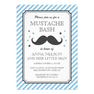 Retro blue stripes little man mustache baby shower custom invites
