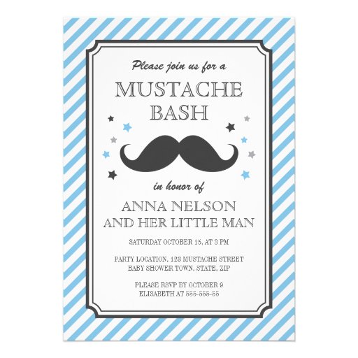 Retro blue stripes little man mustache baby shower custom invites