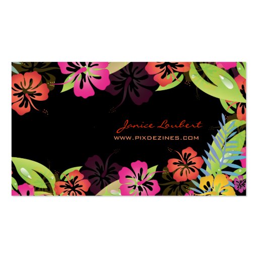 Retro bold tropical flowers business card template (front side)
