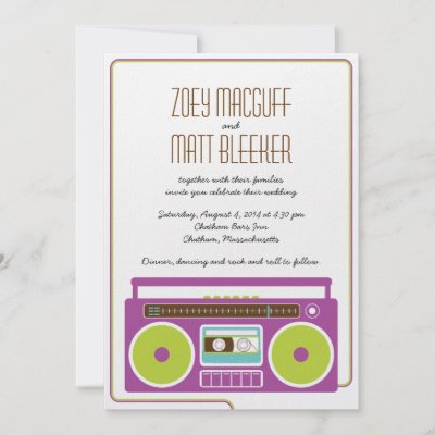 Retro Boombox Indie Mixtape Wedding Purple Lime Personalized Invitation by