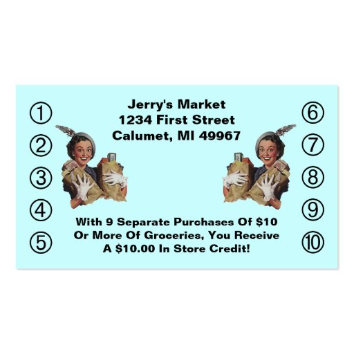 Retro Business Punch Cards Happy Grocery Shopper Business Card Template (front side)
