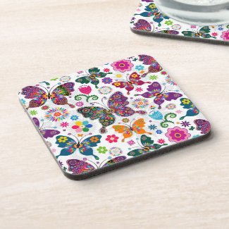Retro Butterflies And Flowers Colorful Pattern Drink Coaster