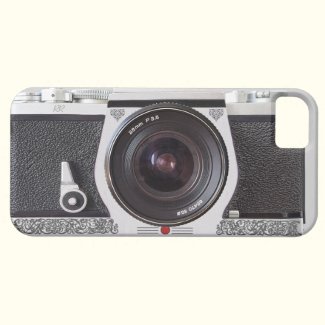 An iPhone 5 case with the image of a retro 80s chrome and black camera and artistic scroll personalized with your monogram or initials.