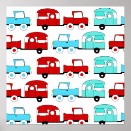 Retro Camping Trailer Turquoise Red Vintage Cars Posters