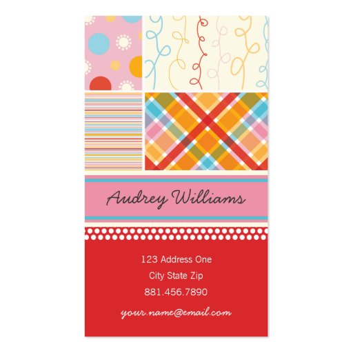 Retro Candy Pink Pattern Squares Plaid Dots Stripe Business Card Templates (front side)