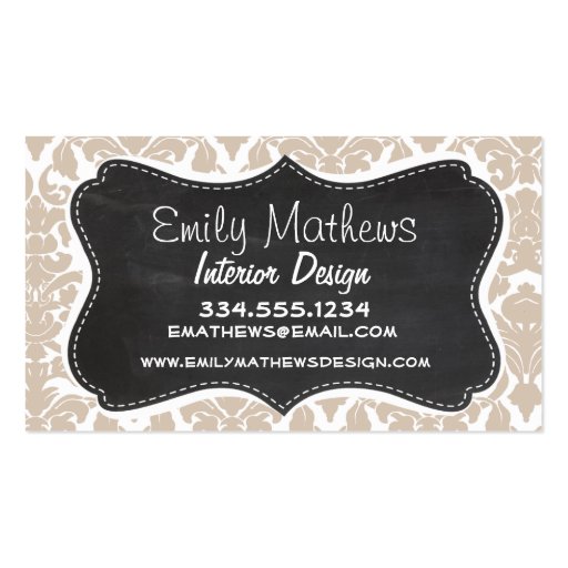 Retro Chalkboard Almond Color Damask Pattern Business Card Template (front side)