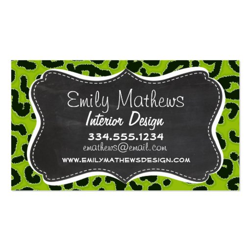 Retro Chalkboard; Apple Green Leopard Animal Print Business Card Templates (front side)