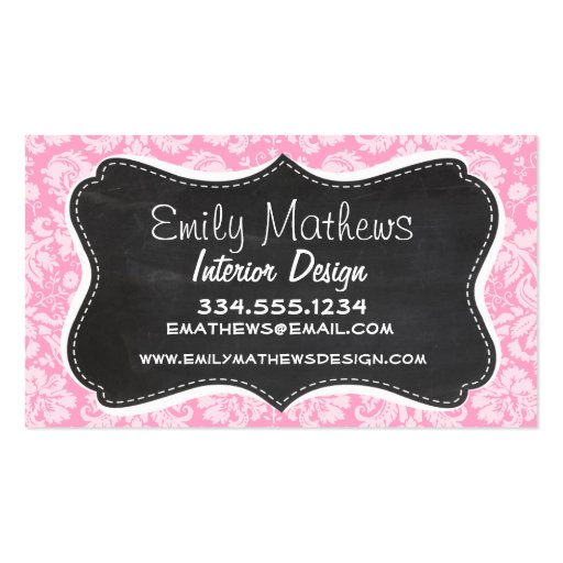 Retro Chalkboard Carnation Pink Damask Pattern Business Card Templates