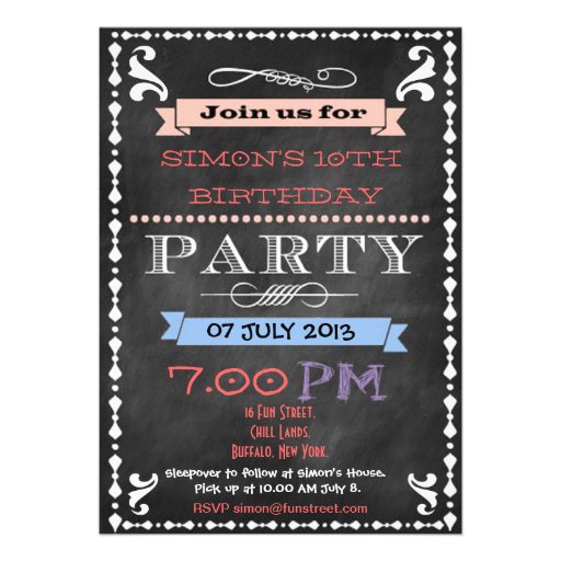 Retro Chalkboard Kids Birthday Party Invitation (front side)