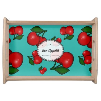 Retro Cherry Pattern on Teal Food Tray