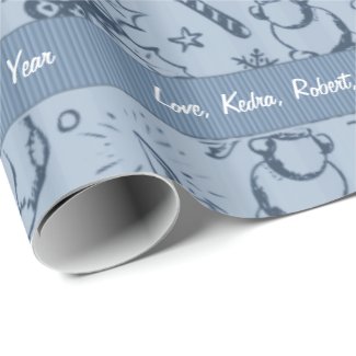 Retro Christmas Blue - Customize Name Text Wrapping Paper