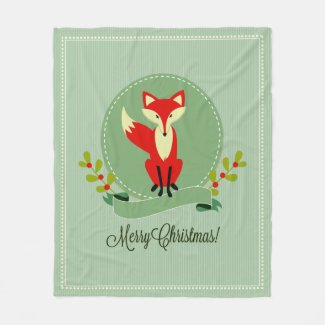 Retro Christmas Fox Pastel Green & Beige 2 Fleece Blanket