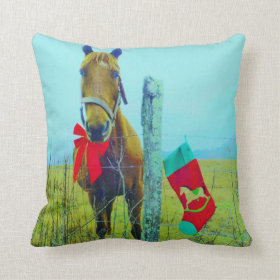 Retro Christmas Horse with Stocking and Red bow Throw Pillow