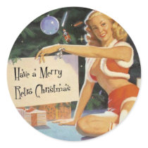 Retro Christmas Pin Up Round Sticker
