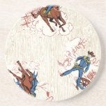 Retro Cowboys in Brown and Blue Beverage Coasters