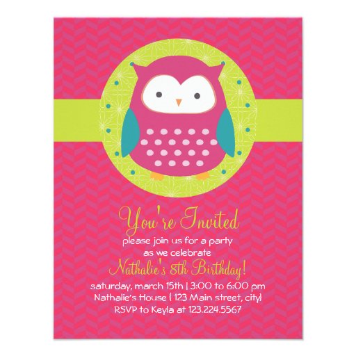 Retro Cute Owl Purple & Green Girly Birthday Party Custom Announcements
