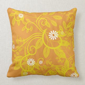 Retro Daisy and Yellow Filigree Over Orange mojo_throwpillow