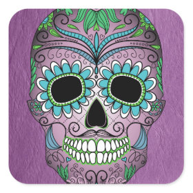 Retro Day of the Dead Sugar Skull on Leather Square Sticker