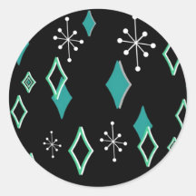 RETRO DIAMONDS & STARBURSTS: TURQUOISE and BLACK Round Stickers