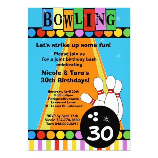 Retro Dots & Stripes Birthday Bowling Party Invite