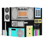 Retro electronics jumble on black vinyl binder