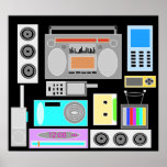 Retro electronics jumble on black print