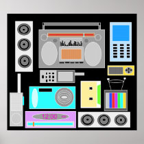 Retro electronics jumble on black print