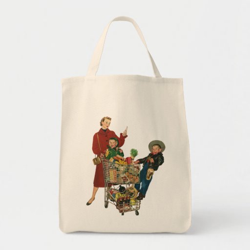 Retro Family, Mom and Kids, Cart Grocery Shopping Canvas Bags