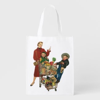 Retro Family, Mom and Kids, Cart Grocery Shopping Market Totes