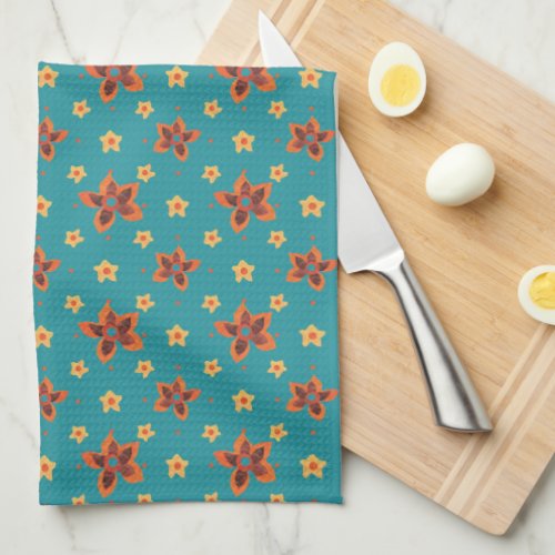 Retro Floral and Polkas on Teal Kitchen Towel
