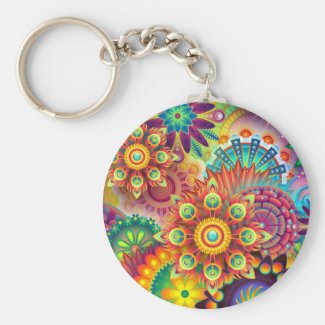 Retro Floral Colors Abstract Basic Round Button Keychain
