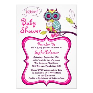 Retro Floral Owl Hot Pink Baby Shower Invitation