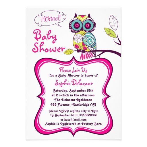 Retro Floral Owl Hot Pink Baby Shower Invitation (front side)