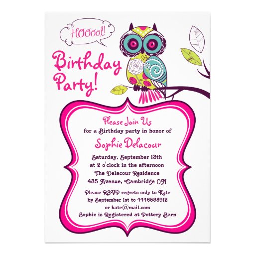 Retro Floral Owl Hot Pink Kids Birthday Invitation