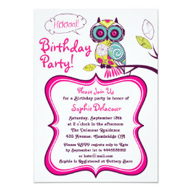 Retro Floral Owl Hot Pink Kids Birthday Invitation 5