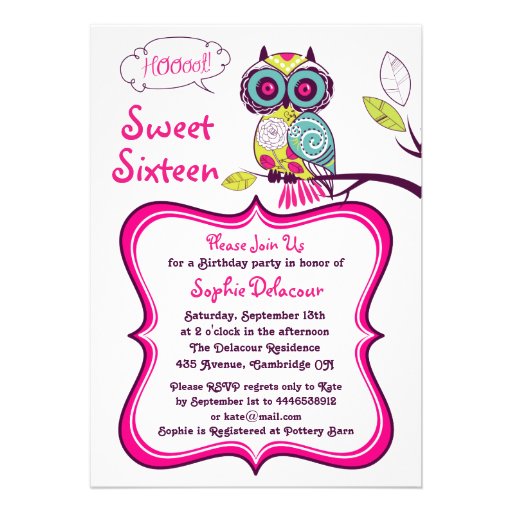 Retro Floral Owl Hot Pink Sweet Sixteen Invitation