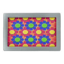 Retro Flower Power in Bright Colors Rectangular Belt Buckle