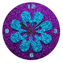 Retro Flower Purple & Blue Glitter Look Wallclocks