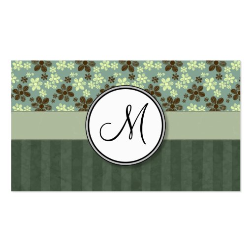 Retro Flowers Sea Green with Stripes and Monogram Business Card (back side)