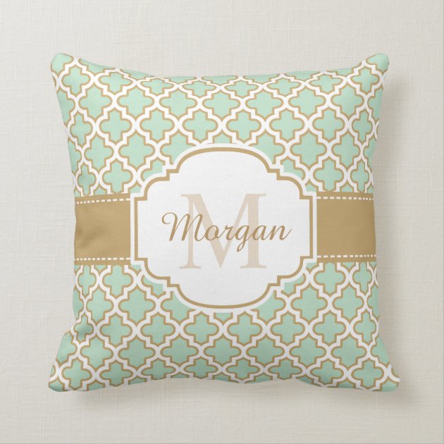 Retro Funky Moroccan Pattern Mint Green Monogram Throw Pillows