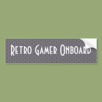 Retro Gamer on Board, Grey 8-Bit Brick bumper stickers