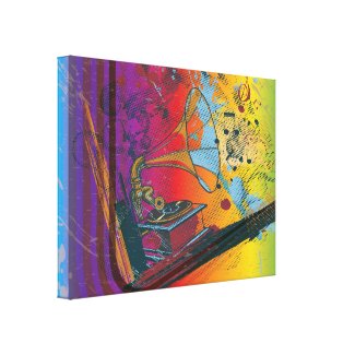 Retro gramophone on rainbow wrapped canvas print