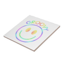Retro Groovy Smiley Face in Pastel Rainbow Tile