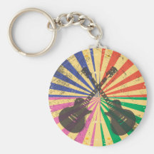 Retro Grunge Guitars on starburst background Key Chain