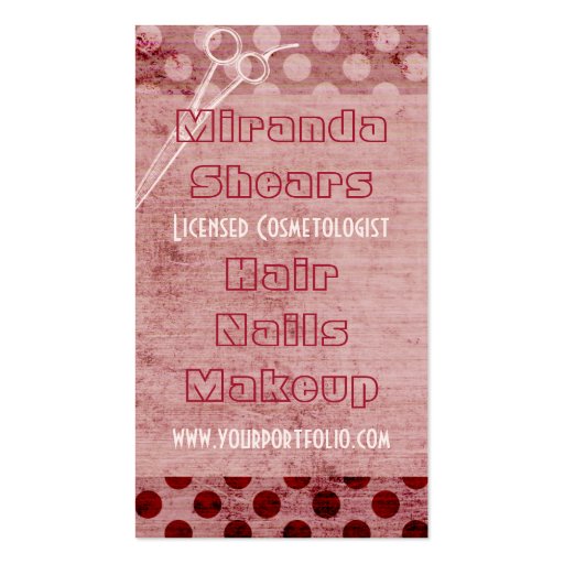 retro hair stylist grunge pink mod circles red business cards (back side)