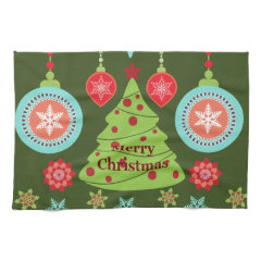 Retro Holiday Merry Christmas Tree Snowflakes Kitchen Towels